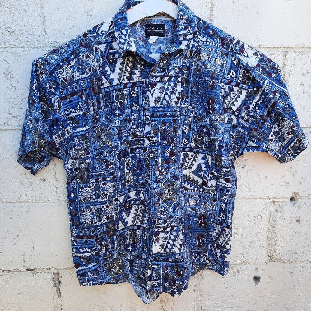 Vintage MAXX FM 90s Men’s Button Up Shirt Abstract Funky Print Size M USA